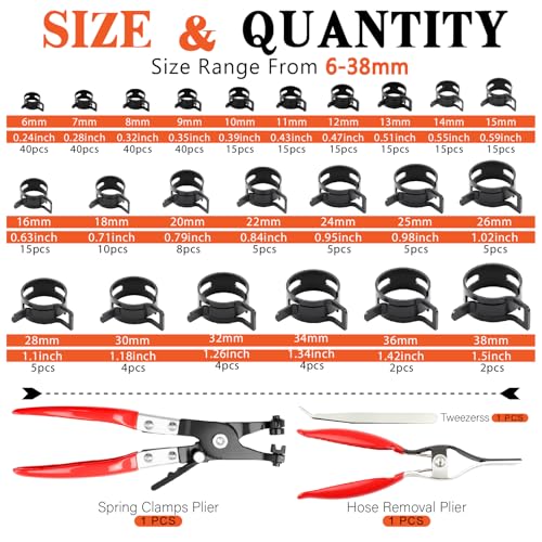 324Pcs 6-38mm Spring Band Hose Clamp Assortment Kit, 23 Sizes Black Pipe Clip for Fuel Line, Silicone Hose, Air Tube,Water Pipe Fasteners with Clamp Plier, Hose Removal Plier and Tweezers