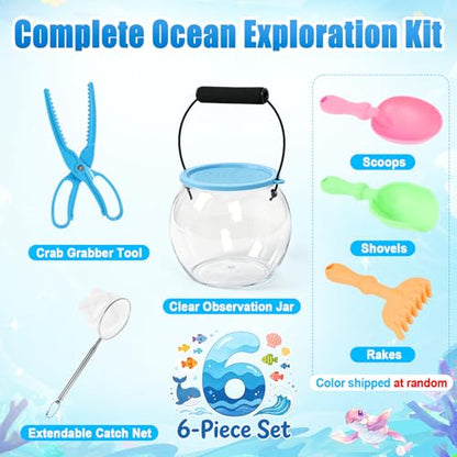 Kids Beach Exploration Kit, Catch & Release Aquarium Toy Set with Net, Crab Tongs, Sand Shovels & Clear Critter Keeper, Beach Toys for Kids Ages 2–12 (Beach, Lake, River)