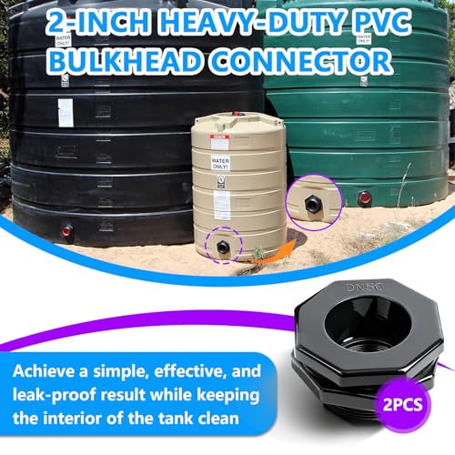 2 Pcs 2 Inch PVC Bulkhead Fitting (NPT Threads), Heavy-Duty Plumbing Water Tank Connector Kit with Reinforced Seals for Rain Barrels, Water Tanks, Aquariums, Tubs, Pools