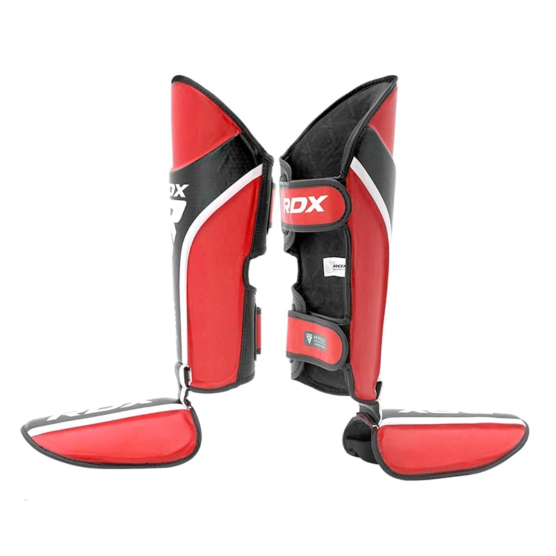 RDX Shin Guards for Kickboxing, MMA, Muay Thai Training, Maya Hide Leather Instep Pads for Sparring, Martial Arts, Gear for BJJ and Boxing - color: RED BLACK