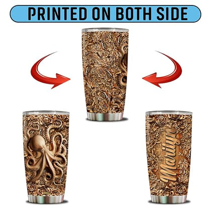 Personalized Octopus Gifts for Women Men Wood Drawing Custom Name 20oz Insulated Stainless Steel Tumbler with Lid Travel Cup Coffee Mug Gift for Daughter Son