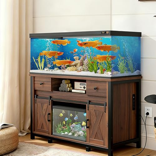 Farmhouse Fish Tank Stand w/Power Outlet – Heavy Duty Aquarium Cabinet, 800 lb Capacity, Adjustable Storage, Thickened MDF & Steel Frame, Sliding Barn Doors, (Light Brown, 75-120 Gallon) - color: Light Brown, size: 75-120 Gallon