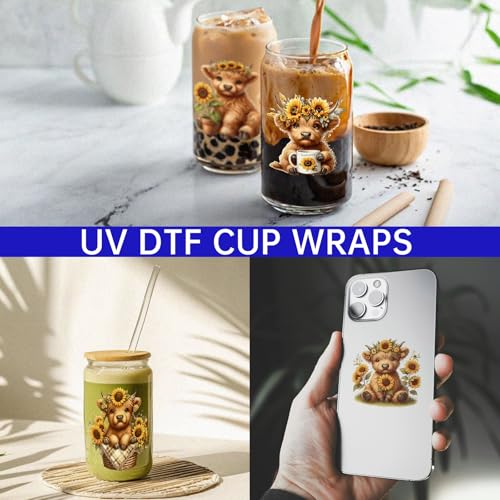 UV DTF Cup Wrap for 16oz Glass, 12 Sheets Highland Cattle Waterproof Rub On Transfers, UV DTF Decals Stickers for Tumbler Water Bottle