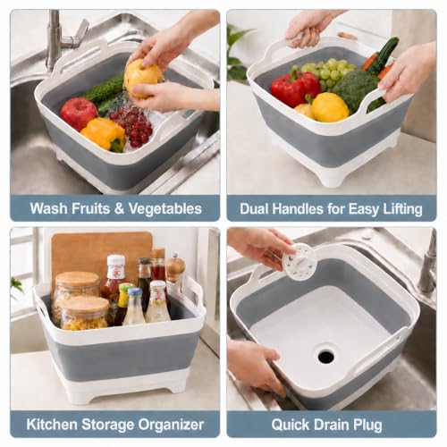 2.4 Gal(9L) Collapsible Dish Basin with Drain Plug, Space Saving Outdoor Multiuse Foldable Sink Tub, Dishpan, Kitchen Storage Tray for Camping, Vegetable Washing, RV (Gray) - color: Gray