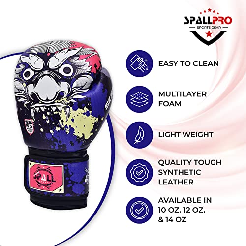 Spall Pro US Boxing Gloves for Men & Women - Pro Training Sparring Punching Gloves - Muay Thai MMA, Kickboxing Heavy Bag Workout Leather Boxing Gloves - Scary Blue - 8 OZ