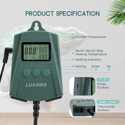 Reptile Heating Pad 8x12 Inch with Dual Output Reptile Thermostat LB-2SC Combo Set Under Tank Terrarium Heating Mat for Turtles, Lizards, Frogs, and Other Reptiles