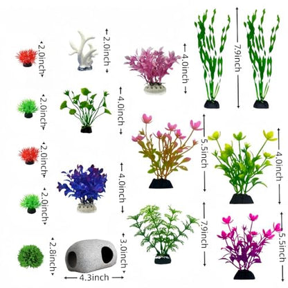 Aquarium Decoration Fish Tank Artificial Plastic Plants & Smooth Non-damaging Fish cave Rock Set, Goldfish Beta Fish Tank Accessories Ornaments(16 Pieces)