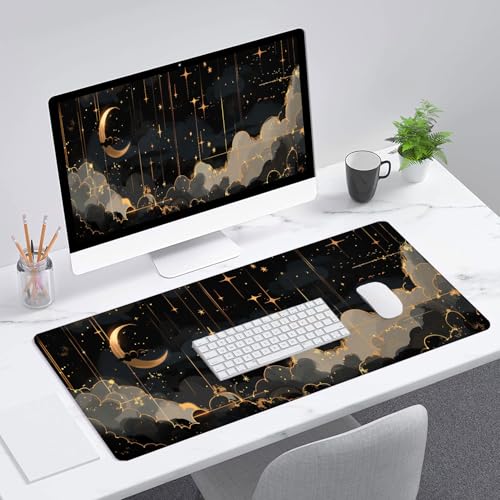Black Gold Celestial Desk Mat - Extended Gaming Mouse Pad with Stitched Edge Non-Slip Base - 31.5"x11.8" - color: Black Gold Celestial_012, size: 11.8" x 31.5"