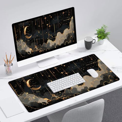 Black Gold Celestial Desk Mat - Extended Gaming Mouse Pad with Stitched Edge Non-Slip Base - 31.5"x11.8" - color: Black Gold Celestial_012, size: 11.8" x 31.5"