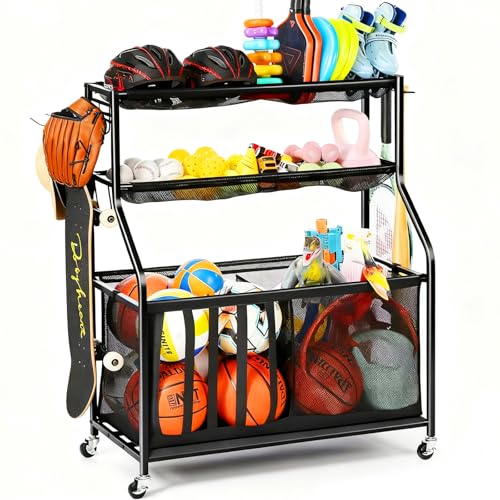 Kinghouse Garage Balls and Toy Organization, with 37 Gal Ball Storage Bin | Sports Rack with Hooks, Elastic Straps Storage for Basketball, Soccer, Tennis, Stick, Racket, Nerf Gun, Toy, Indoor, Outdoor - color: Soft Bin