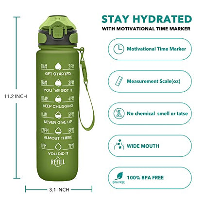 Enerbone 32 oz Drinking Water Bottle with Times to Drink and Straw, Motivational with Carrying Strap, Leakproof BPA & Toxic Free, Ensure You Drink Enough Water for Fitness Gym Outdoor - color: Hunter Green