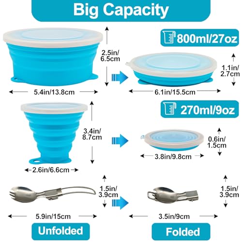 Mess Kit for Camping Silicone Collapsible Bowl Collapsible Cup and Stainless Steel Spoon for Backpacking Outdoor Hiking Traveling and Picnic - color: Blue