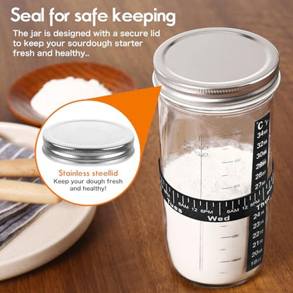 Sourdough Starter Jar Kit，Sourdough Bread Making tools Supplies,33oz Glass Jar with Date Marked Feeding Band, Precision Thermometer, Durable Cloth Cover & Secure Metal Lid forBread Making