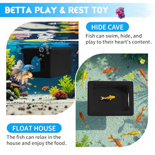 Floating Betta Fish Hammock Cave House for Aquarium, 3D Printed Betta Shrimp Feeder & Hideout Cave Toys, Small Aquarium Feeding Ring Decor, Turtle Fish Tank Decorations Accessories -Black