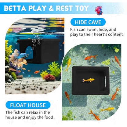 Floating Betta Fish Hammock Cave House for Aquarium, 3D Printed Betta Shrimp Feeder & Hideout Cave Toys, Small Aquarium Feeding Ring Decor, Turtle Fish Tank Decorations Accessories -Black