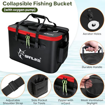 SANLIKE Foldable Live Fish Bucket, EVA Fishing Bait Bucket, 35/40/45CM Collapsible Fish Container, Leakproof Livewell for Kayak Boat Bank Fishing, Black/Army Green - color: Black-45cm