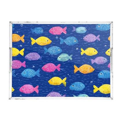 Acrylic Tray Clear Serving Vanity Ottoman Bathroom Coffee Table Countertop Organizer Raised Edge Spill Proof Dark Blue Cartoon Fishes - color: Dark Blue Cartoon Fishes