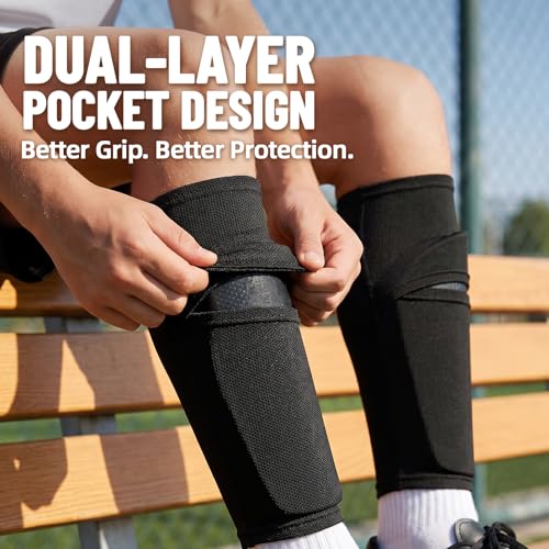 Shin Guard Sleeves 2 Pairs, Soccer Sleeves for Kids & Youth Ages 3-15 - color: Black, size: M (3'10''-4'5''/6-9Y)