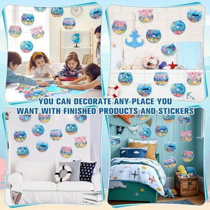 Frienda 48 Set Fishbowl Sticker Craft Kit Make Your Own Under the Sea Ocean Scene Stickers Bulk DIY Ocean Sea Animals Scene Stickers Shark Clown Fish for Summer Party Favors Home Game Activities - style: Fish