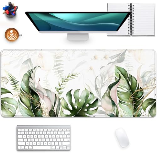 Green Tropical Leaves Mouse Pad Desk Pad,Green Sage Plant Extended Gaming Mouse Mat with Stitched Edges Non-Slip Waterproof Rubber Base Mous Mat for Office Home Game Desk Pad(27.5X11.8 in)