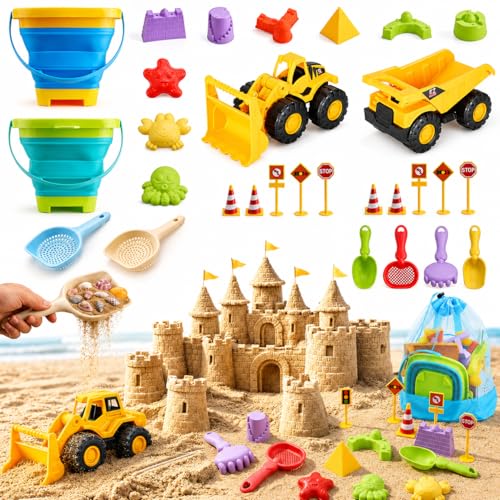 30PCS Beach Toys for Kids Ages 3-10, All-in-One Sand Toys Set with 2 Collapsible Buckets, Shovels, Trucks & Molds, Keep Kids Busy for Hours - Easy to Carry for Beach Travel Sandbox Play