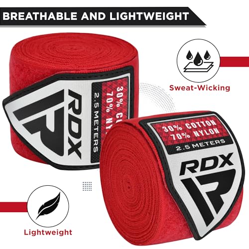 RDX Boxing Wraps Kids 2.5M Inner Gloves, Elasticated Thumb Loop Bandages, Junior Under Mitts Hand Fist Protector Wrist Support Straps, Muay Thai MMA Kickboxing Martial Arts Speed Bag Punching Training - color: RED
