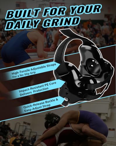 Trymaker Wrestling Headgear, Youth Head Gear with Chin Cup & Pad - color: Black Headgear & Black Strap