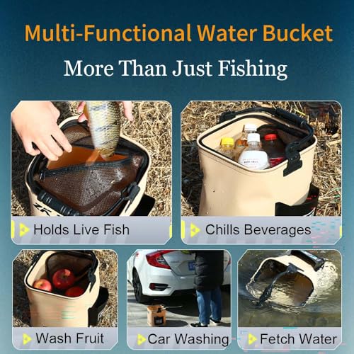 Collapsible Fishing Bucket 2.11 Gallon/8L - Portable Folding Live Bait Bucket with Aerator Pocket, Rope & Net for Live Fish & Shrimp, Kayak, Camping, Hiking (Small) - size: 2.11 Gallon (8L)