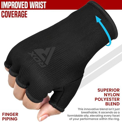 RDX Boxing Hand Wraps Inner Gloves Men Women, Half Finger Elasticated Bandages, Under Mitts Fist Protection, Muay Thai, Kickboxing, MMA, Martial Arts Speed Bag Punching Training - color: Full Black, size: Large