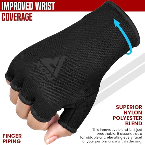 RDX Boxing Hand Wraps Inner Gloves Men Women, Half Finger Elasticated Bandages, Under Mitts Fist Protection, Muay Thai, Kickboxing, MMA, Martial Arts Speed Bag Punching Training - color: Full Black, size: X-Large