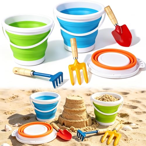 Gardening Tools Set Foldable Beach Bucket with Metal Shovels for Adults, Collapsible Pails Sand Bucket for Basket Camping Gardening Fishing, Essential Travel Gadget 6PCS