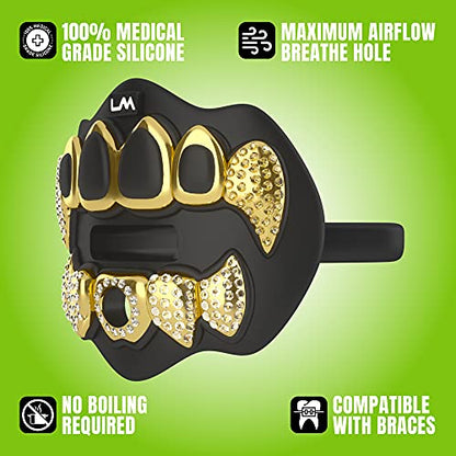 Loudmouth Football Mouth Guard for Youth & Adult - 3D Chrome Grillz Gold Teeth Mouthpiece with Strap, No-Boil Braces-Friendly Sports Mouthguard (Chrome Black/Gold) - color: 3d Grillz Bling - Chrome Black/Gold