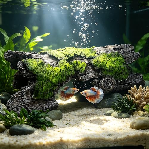 Teaeeno Faux Log Fish Cave, Predator Control and Decorative Shelter for Koi and Fish, Ponds, Aquariums, Aquarium Décor Ornaments (Green)