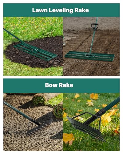 Lawn Leveling Rake 33x10'', Yard Leveling Rake with 78'' Back-Saving Adjustable Handle, Stainless Steel Lawn Leveler Tool with 17'' Tines Head for Garden, Backyard, Farm, Golf Course - style: 33’‘x10’‘ with 17'' Bow Rake