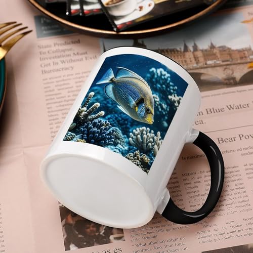 Ocean Fish Ceramic Coffee Mug 11oz with Black Handle Colored Inside Thick Non-Slip Base Heat Transfer Friendly Tea Cup Ideal for Hot Drinks Home Office And Gifting