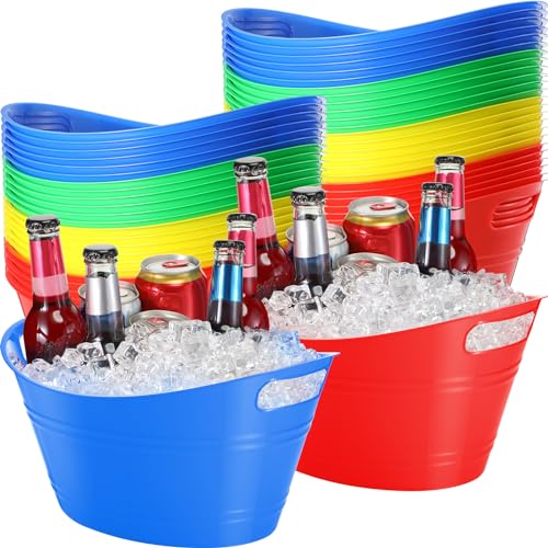 24 Pcs Oval Storage Tub with Handles, 4.5l Plastic Ice Buckets Bulk for Wine Beer Champagne Drink Cooler Beverage Storage Tub for Parties BBQ Weddings Party Outdoor Celebration(Colorful) - color: Colorful