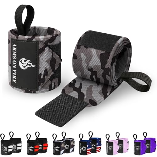 Elastic Cotton Weightlifting Wrist Wraps with Thumb Loops, 1 Pair - color: Black Camo, style: 18" – Arms on Fire