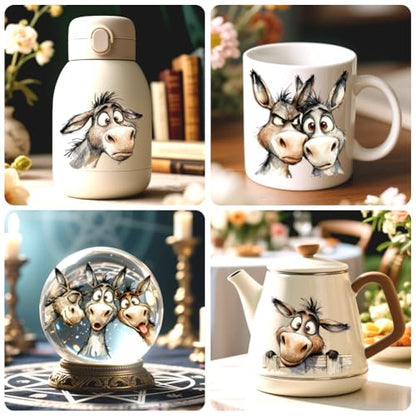 Peacoblue 18 Sheets Rub on Transfers for Crafts, Funny Donkey 3.6"x3.9" UV DTF Cup Wraps Waterproof Rub on Cold Transfers Stickers for Wood Glass Metal Cup Tumblers Mirrors Mugs Home Decor - style: Funny Donkey