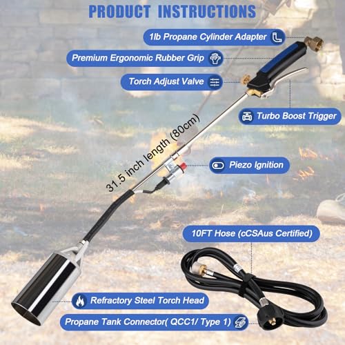 Propane Torch Weed Burner, Weed Torch Propane Burner for Outside, Blow Torch Gun for Propane Tank Weeds with 10FT Hose