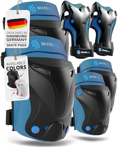 SKATEWIZ Kids and Adult Knee Pads and Elbow Pads Set 6pcs - incl. Carry Bag - color: Blue, size: M - Teenager Slim