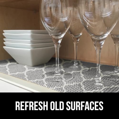 GORILLA GRIP powerGRIP Drawer Shelf and Cabinet Liner, Thick Strong Hold, Non-Adhesive Liners Protect Kitchen Cabinets and Cupboard, Bathroom Drawers, Easy Install, Breathable Mat, 12" x10' Quatrefoil - color: Quatrefoil: Gray/White, style: 12" x 10'