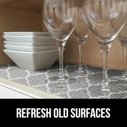 GORILLA GRIP powerGRIP Drawer Shelf and Cabinet Liner, Thick Strong Hold, Non-Adhesive Liners Protect Kitchen Cabinets and Cupboard, Bathroom Drawers, Easy Install, Breathable Mat, 12" x10' Quatrefoil - color: Quatrefoil: Gray/White, style: 12" x 10'
