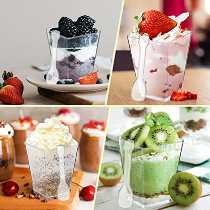 Eupako 125 Pack 5 OZ Plastic Mini Dessert Cups with Spoons - Clear Small Parfait Cups, Square Appetizer Cups for Fruit, Pudding, Mousse, Ice Cream, Party, Wedding, Valentine's Day - color: 125 Cups+125 Spoons