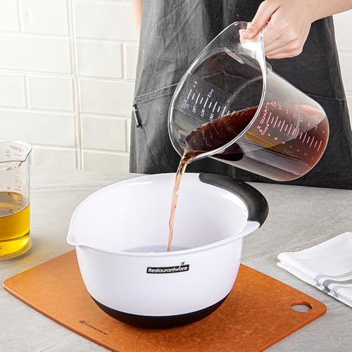 Restaurantware RW Base 2 Quart Measuring Jar 1 Durable Measuring Beaker - Metric And Imperial Units V-Shaped Spout Clear Plastic Measuring Cup Handle With Thumb-Grip Tolerates Up To 248F - color: Clear, size: 7.75" × 6.00" × 7.50"