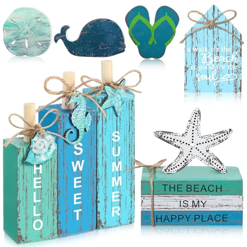 11 Pcs Summer Beach Table Decorations Ocean Tiered Tray Decor Summer Centerpiece Decorative Wood Books Table Top Decor Starfish Wooden Sign for Home Party Supplies (Ocean) - style: Ocean