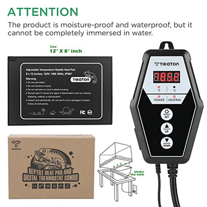 Reptile Heating Pad and Digital Thermostat Combo Set, Under Tank Heater for 10-20gal/30-40gal Tank, Terrarium Heat Mat for Turtle/Snake/Lizard/Frog/Spider/Plant Box - size: 1 Pack-12" X 8"