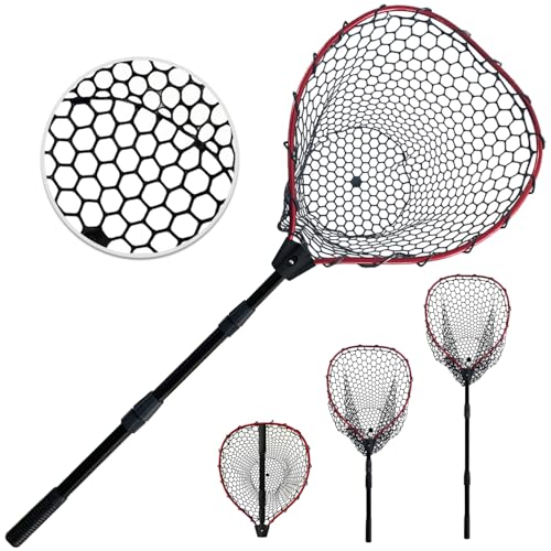 Telescoping Metal Lock Fishing Net with Handle Red Green 64" 52" Rubber Fish Net - Adjustable Length Lightweight Foldable Large Big Collapsible Extendable Fishing Net - color: Red with black handle(3-section pole)