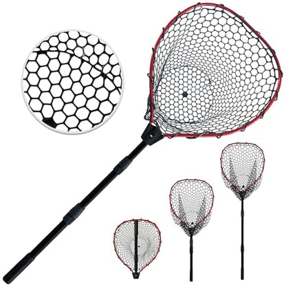 Telescoping Metal Lock Fishing Net with Handle Red Green 64" 52" Rubber Fish Net - Adjustable Length Lightweight Foldable Large Big Collapsible Extendable Fishing Net - color: Red with black handle(3-section pole)