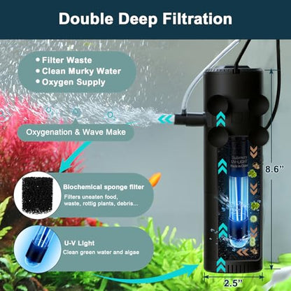hygger Aquarium U-V Filter with Filter Sponge, U-V Light & Timer, Submersible Pump Filter for Green Water Clean, Internal Filter with Aeration & Rainfall for Fish Tank