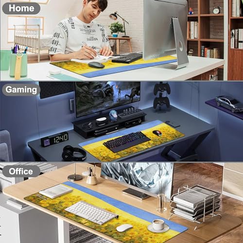 Field of Sunflowers Desk Mat,Large Sunflower Oil Painting Gaming Keyboard Mouse Pad,Non-Slip Rubber Base Desk Pad Thick Stitched Edges Waterproof Mousepad Mouse Mat 31.5"x11.8" - color: Field of Sunflowers